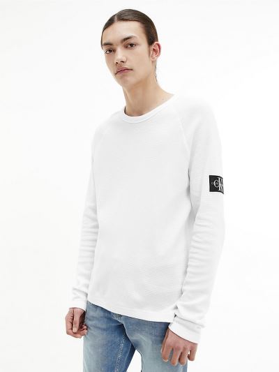 Calvin Klein Ruhák HU728046 | Calvin Klein Slim Waffle Férfi Hosszú Ujjú Póló Világos Fehér
